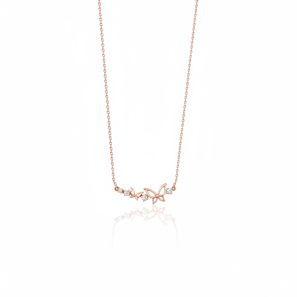 rose gold butterfly duo necklace on white background