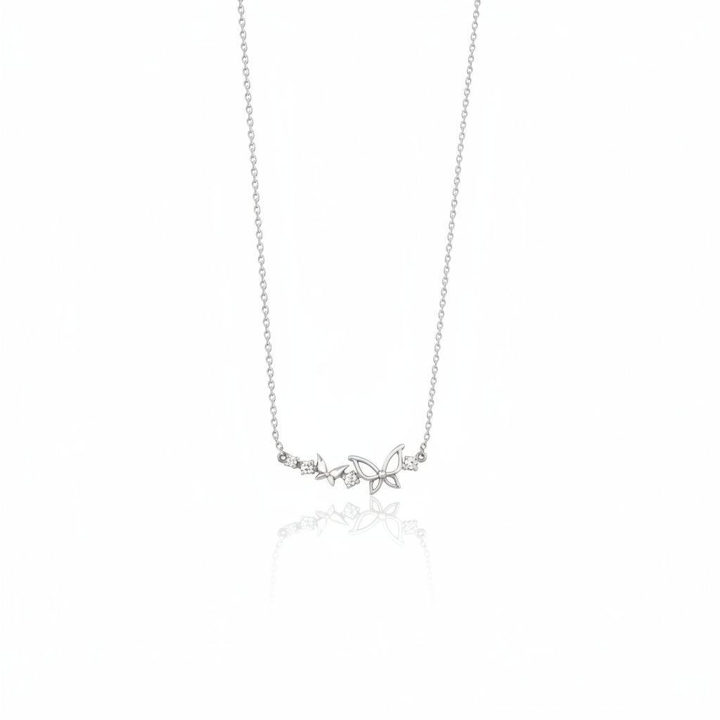 white gold butterfly duo necklace on white background