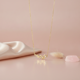 gold butterfly duo necklace with clear stones on pink satin with dried flowers and a smooth stone