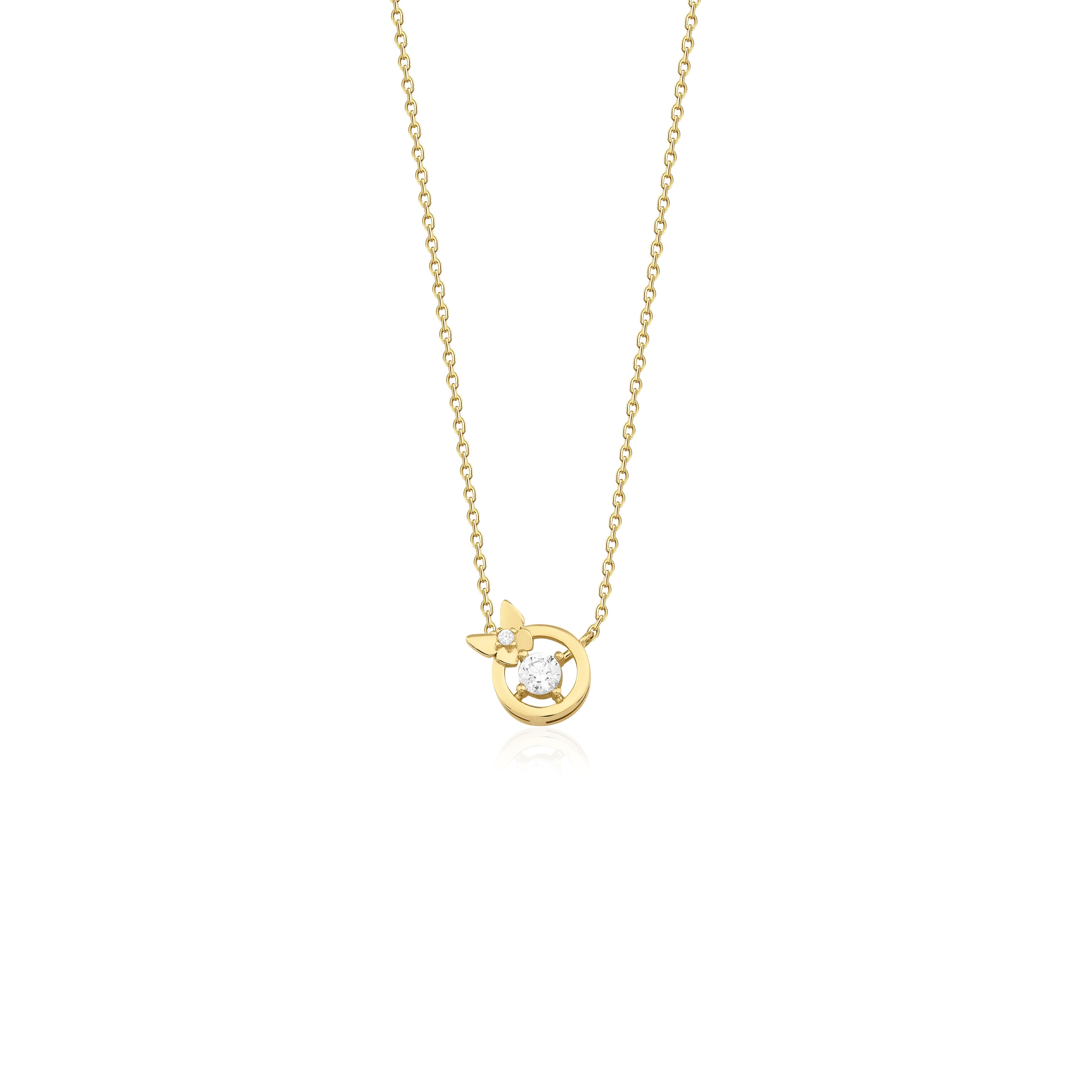 yellow gold butterfly halo pendant necklace on white background