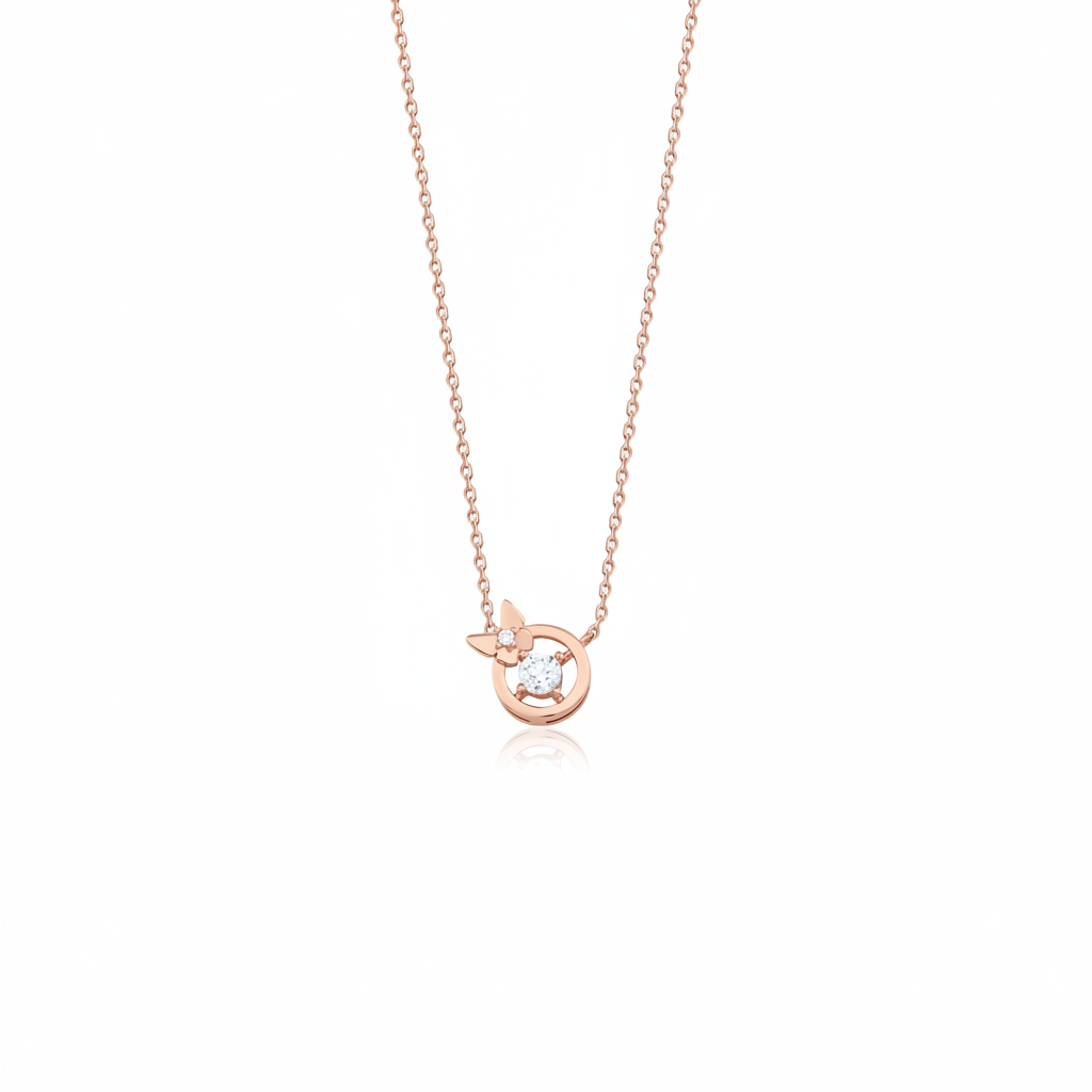 rose gold butterfly halo pendant necklace on white background