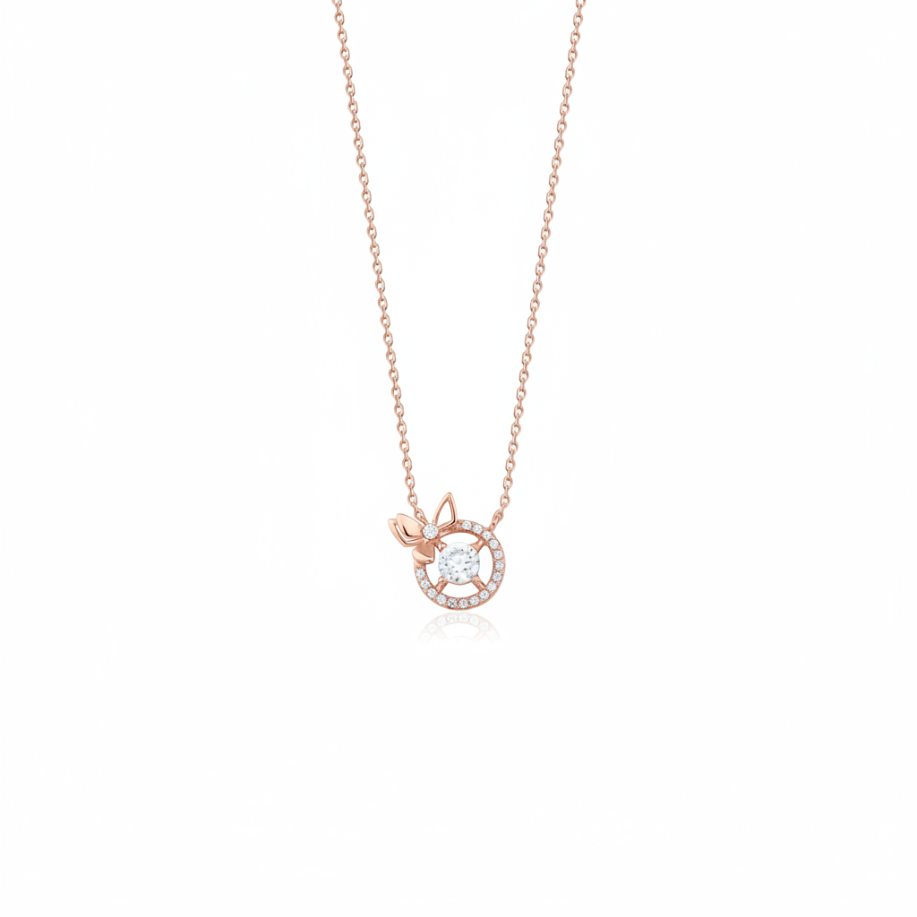 rose gold bow halo pendant necklace on white background