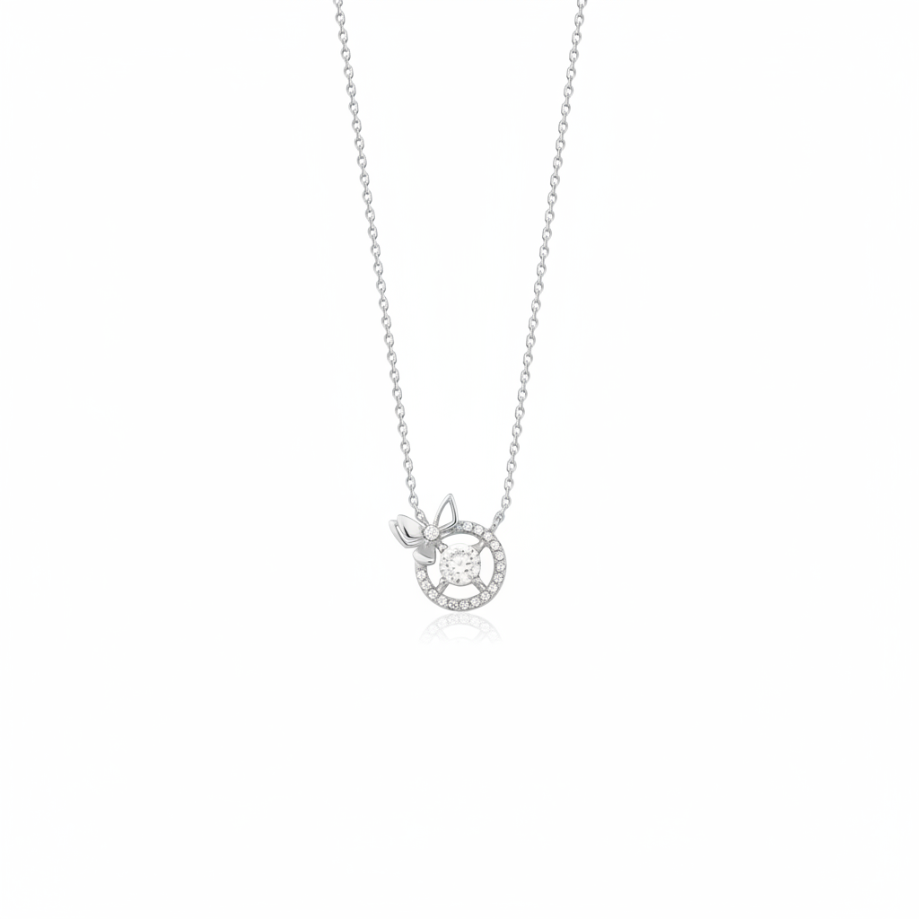 white gold bow halo pendant necklace on white background