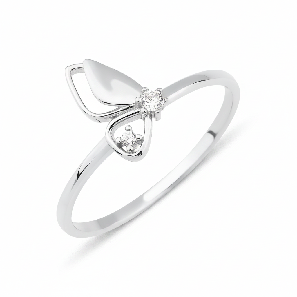 white gold butterfly wing ring on white background