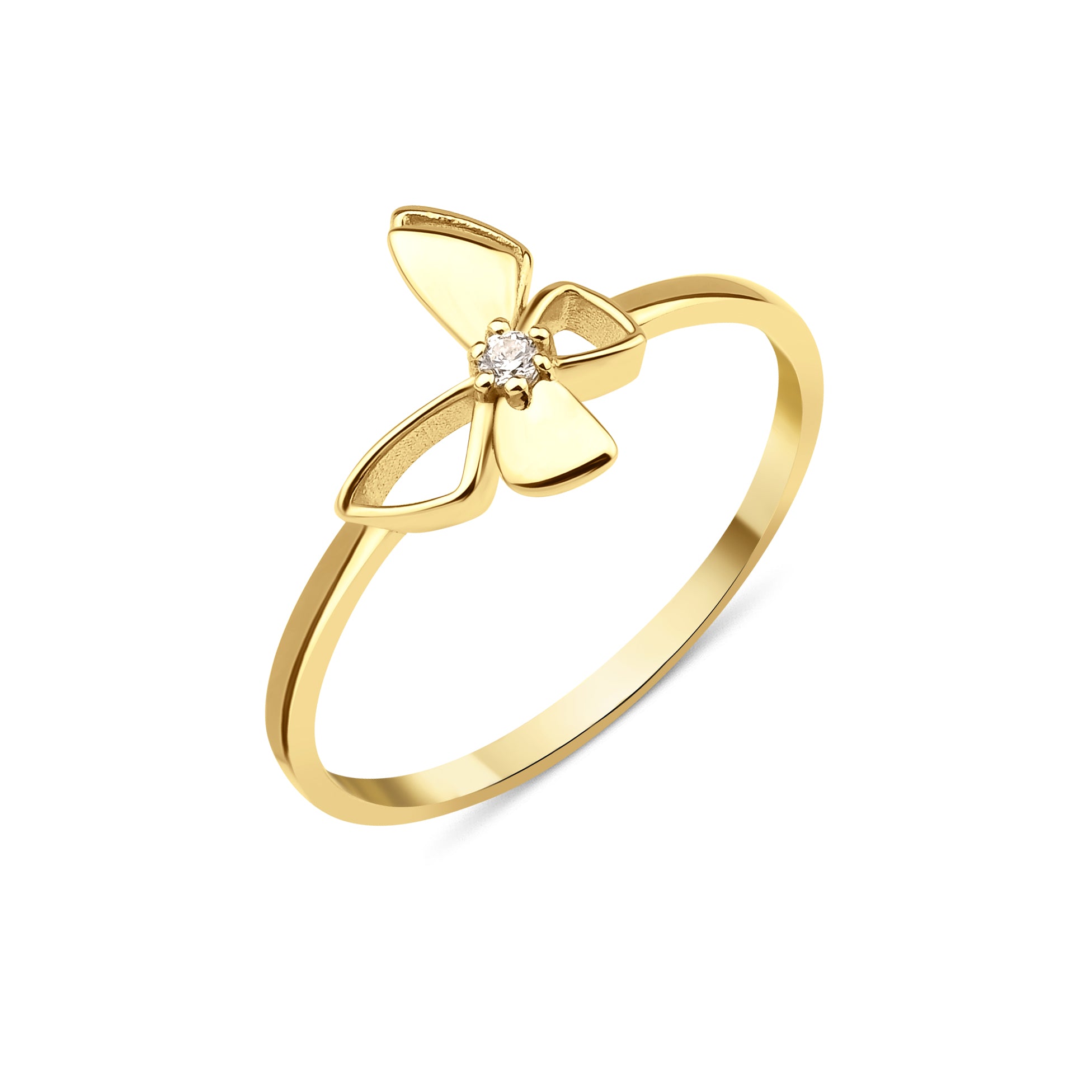 yellow gold butterfly ring with a center clear stone on a white background