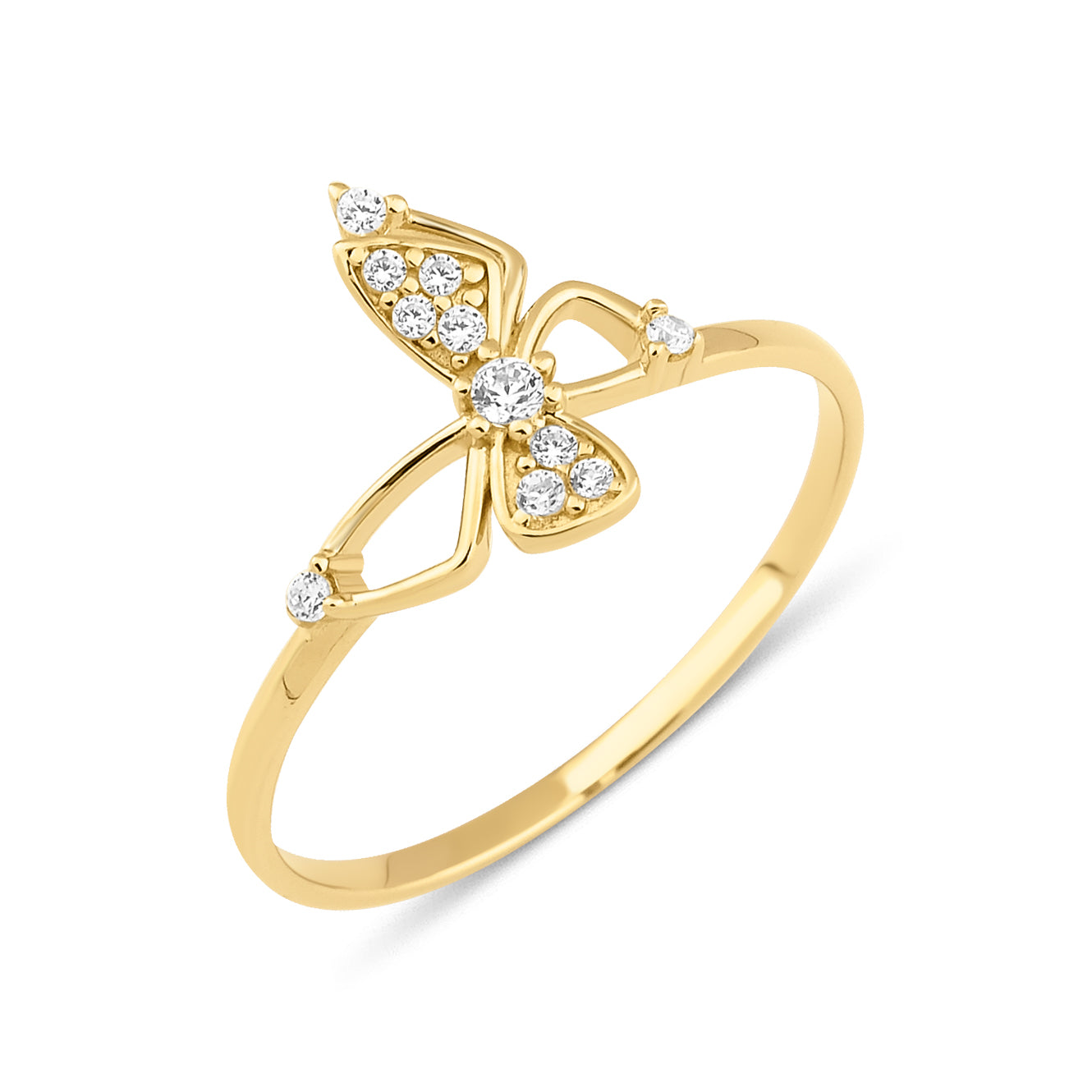 yellow gold openwork butterfly ring with pave-set stones on a white background
