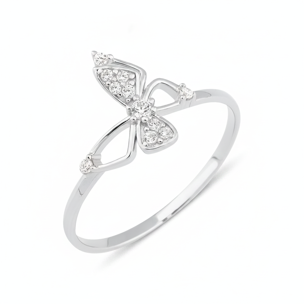 white gold openwork butterfly ring with pave-set stones on a white background