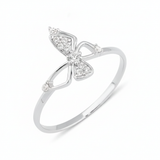 white gold openwork butterfly ring with pave-set stones on a white background