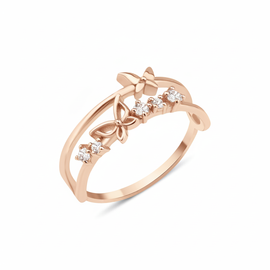rose gold double-band ring with two butterfly motifs on a white background