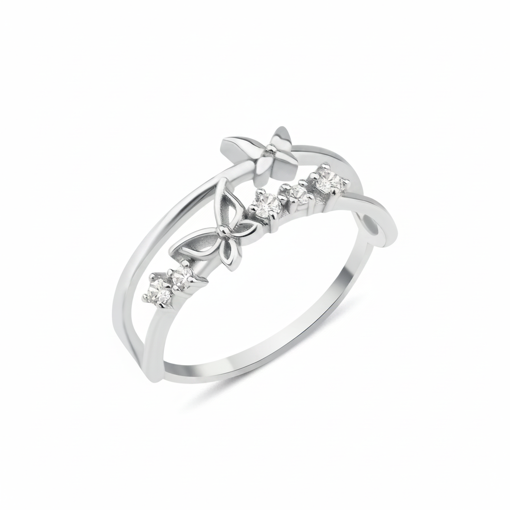 white gold double-band ring with two butterfly motifs on a white background