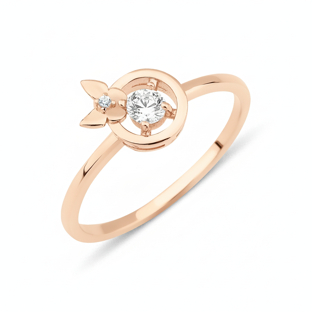 rose gold halo ring with a butterfly accent on a white background