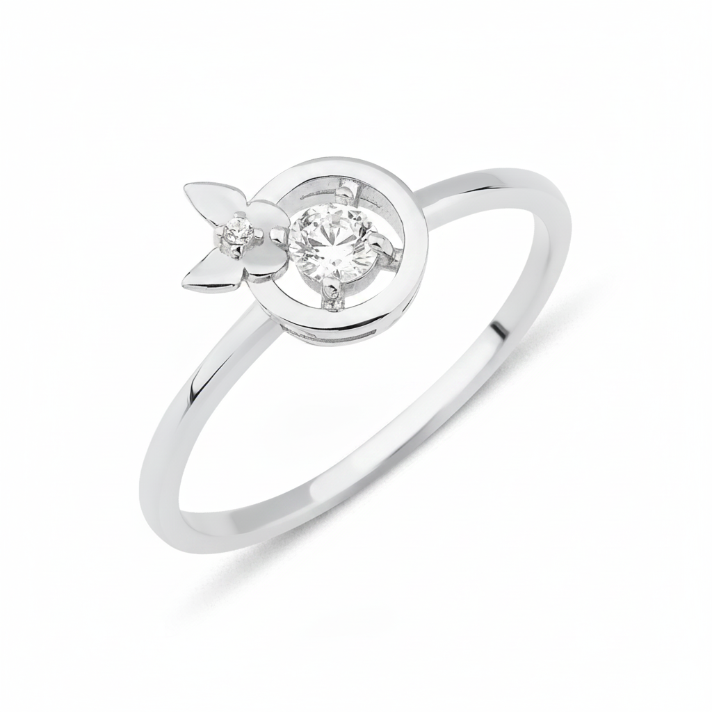 white gold halo ring with a butterfly accent on a white background