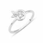 white gold halo ring with a butterfly accent on a white background