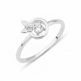 white gold halo ring with a butterfly accent on a white background