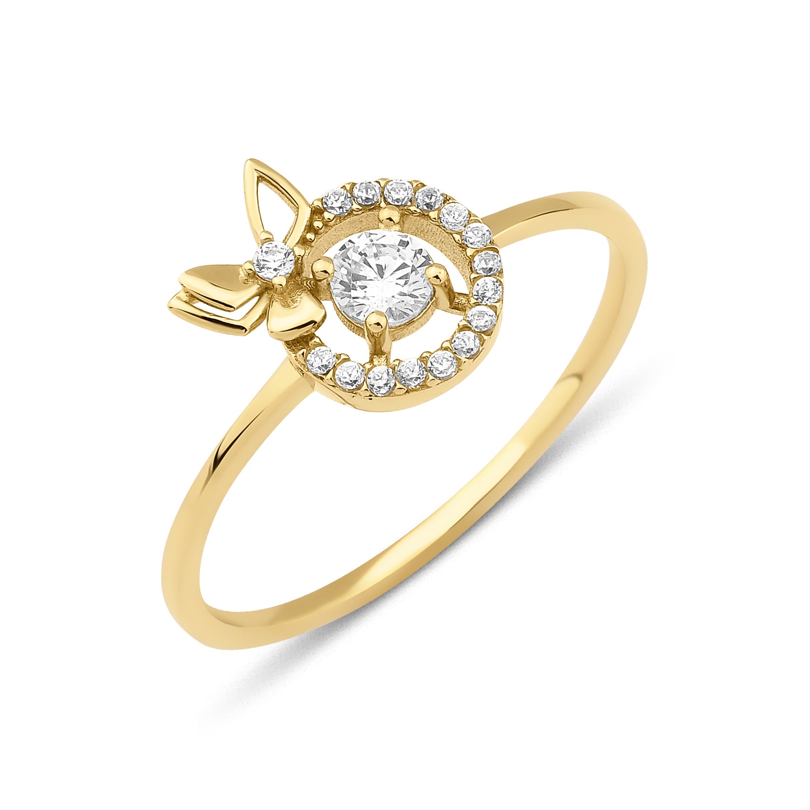 yellow gold halo ring with a side butterfly motif on a white background