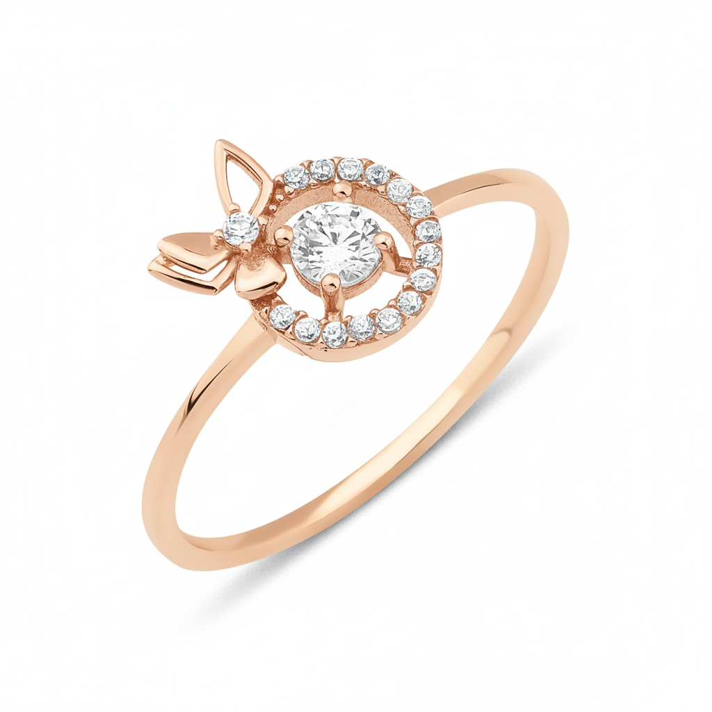 rose gold halo ring with a side butterfly motif on a white background