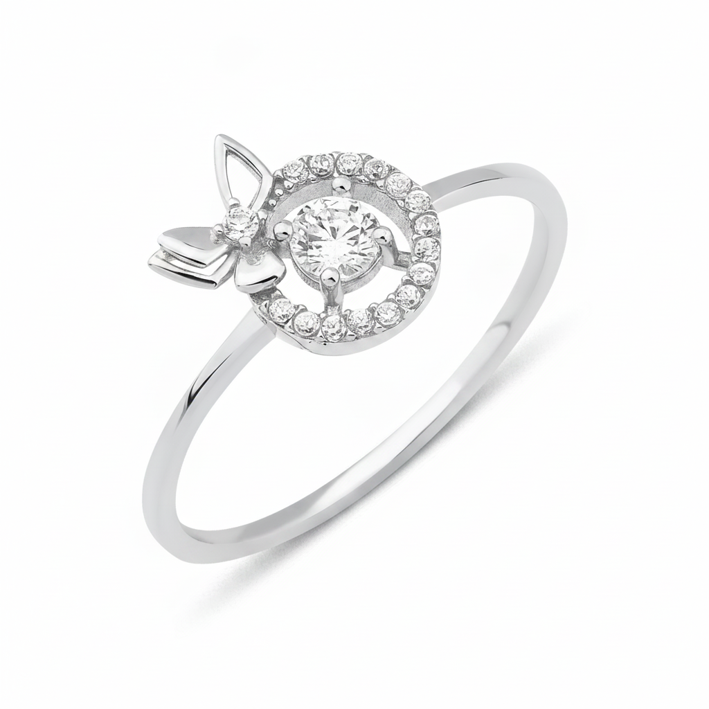 white gold halo ring with a side butterfly motif on a white background