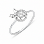 white gold halo ring with a side butterfly motif on a white background