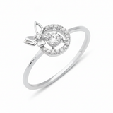 white gold halo ring with a side butterfly motif on a white background