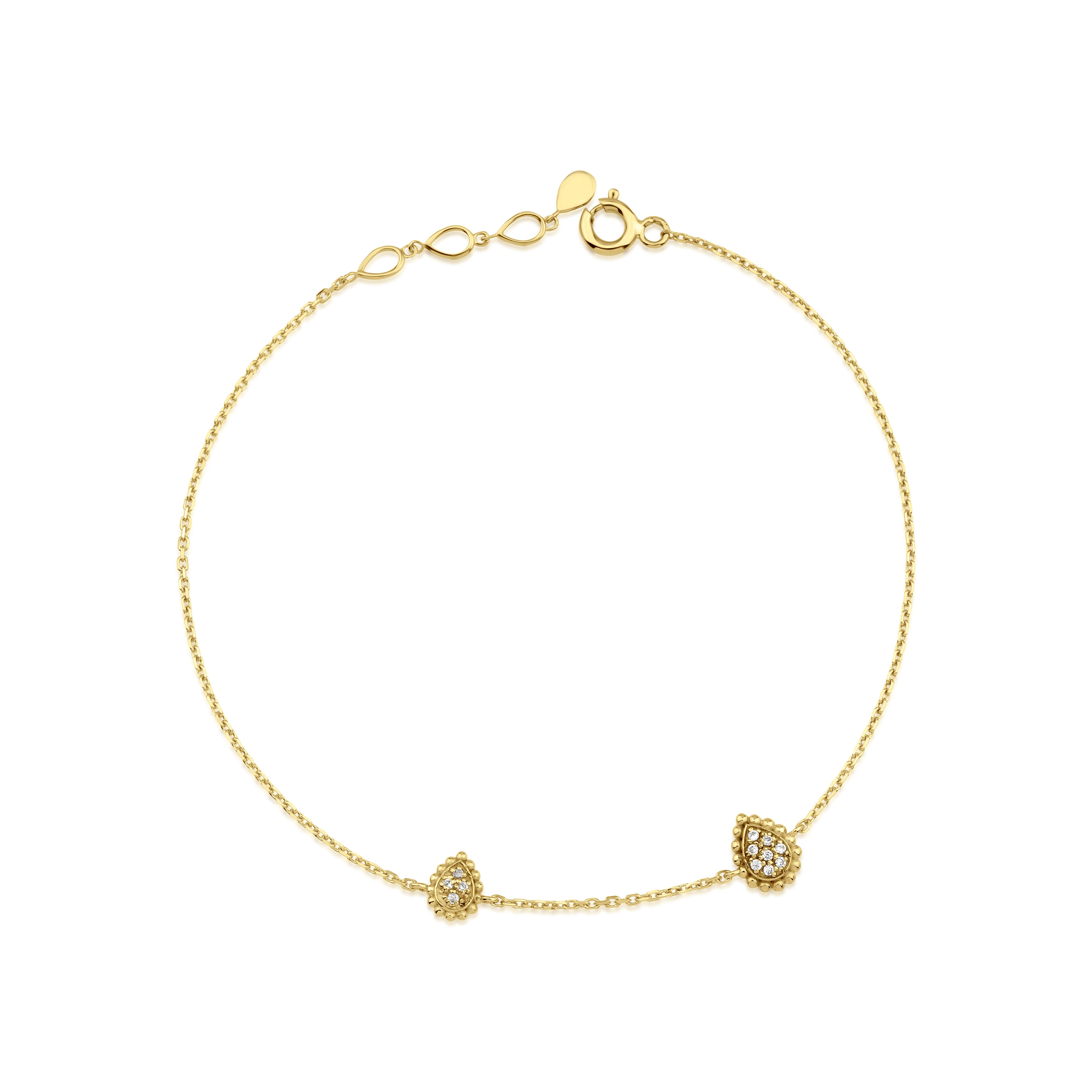 yellow gold teardrop station bracelet on white background