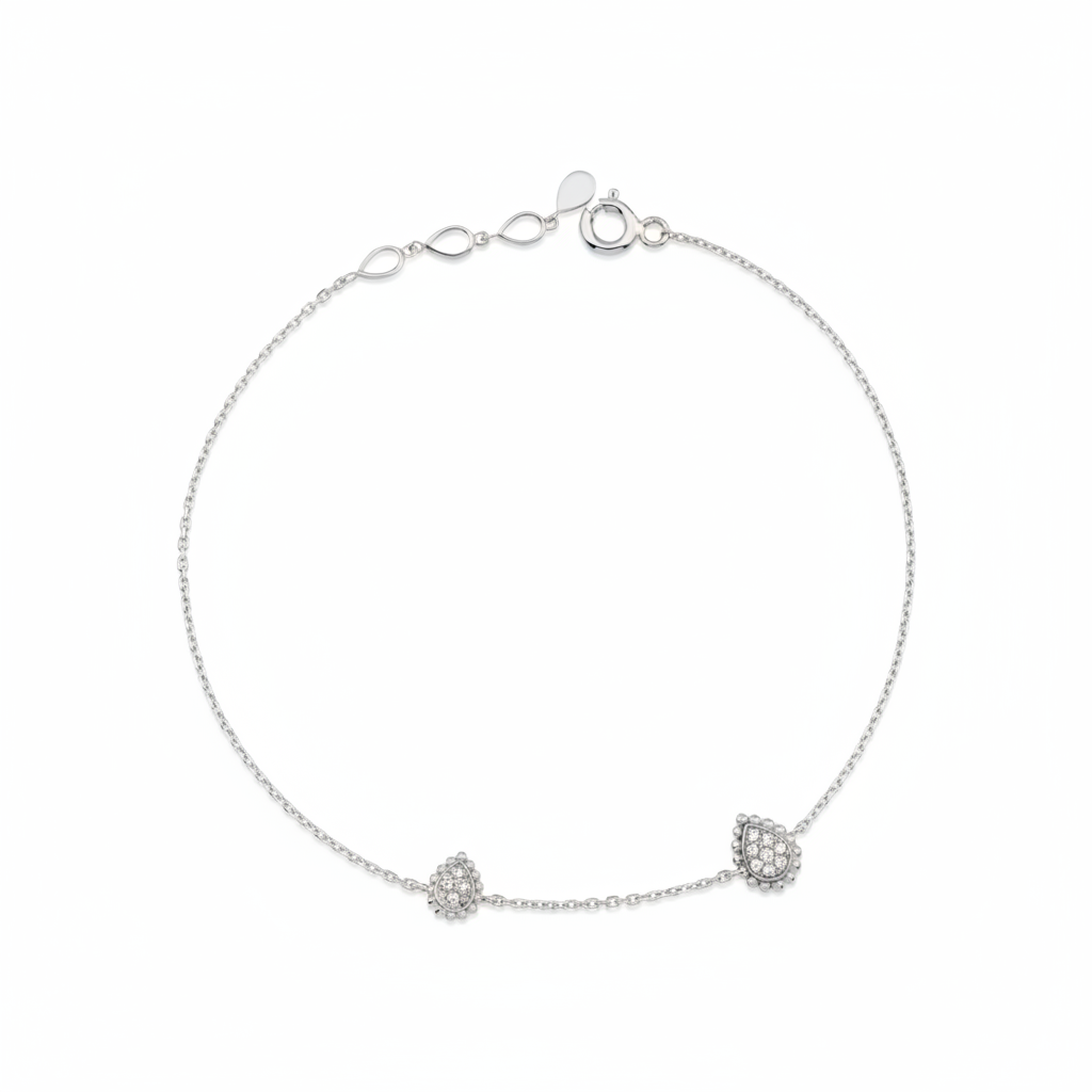 white gold teardrop station bracelet on white background