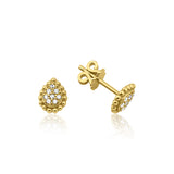 yellow gold pave teardrop stud earrings on white background