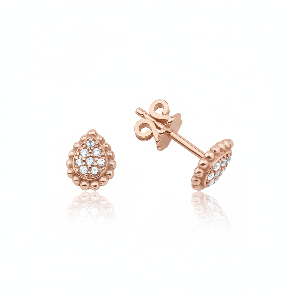 rose gold pave teardrop stud earrings on white background