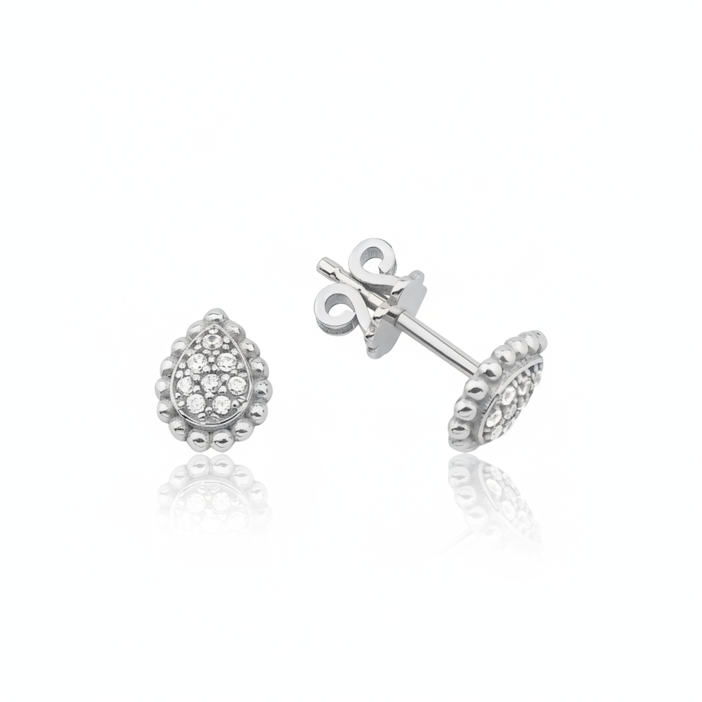 white gold pave teardrop stud earrings on white background