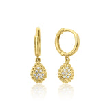 yellow gold huggie hoops with teardrop drop on white background