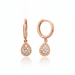 rose gold huggie hoops with teardrop drop on white background