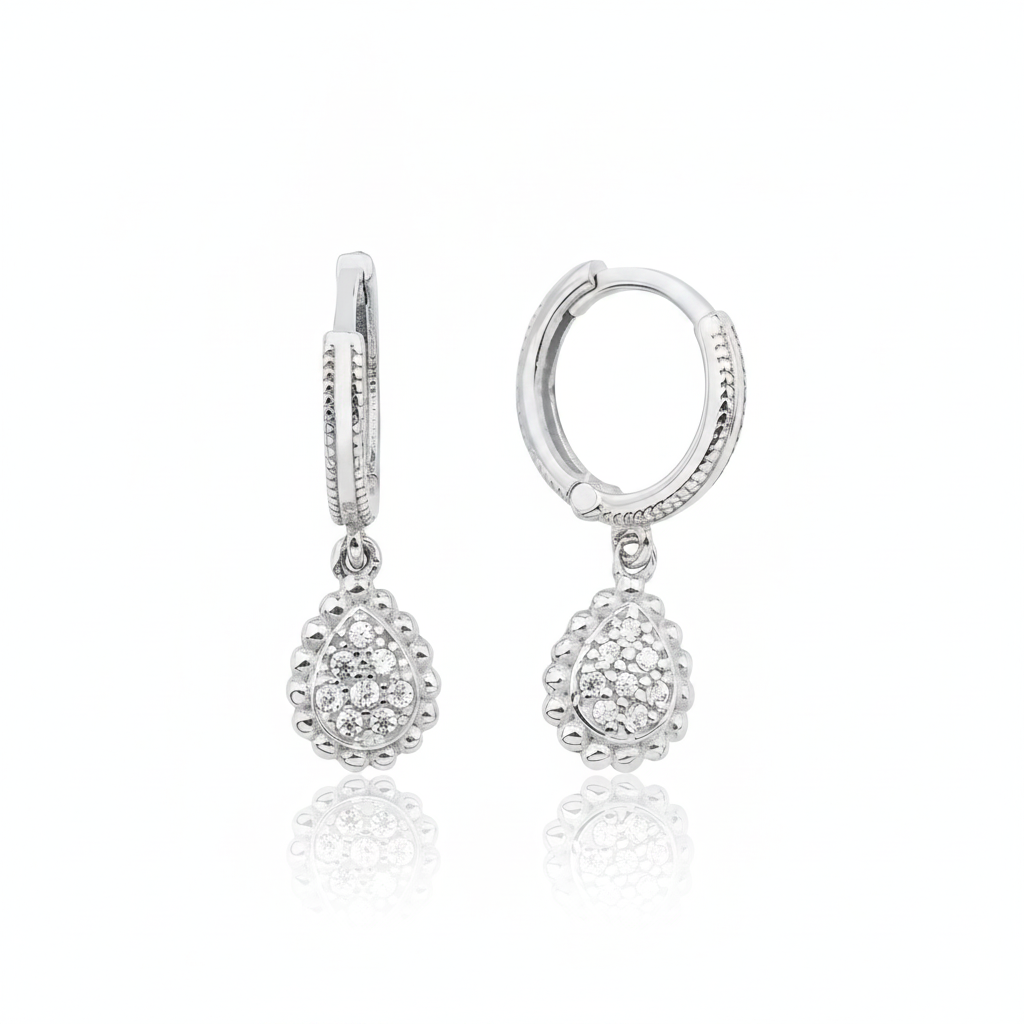 white gold huggie hoops with teardrop drop on white background