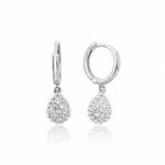 white gold huggie hoops with teardrop drop on white background