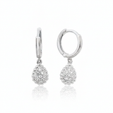 white gold huggie hoops with teardrop drop on white background