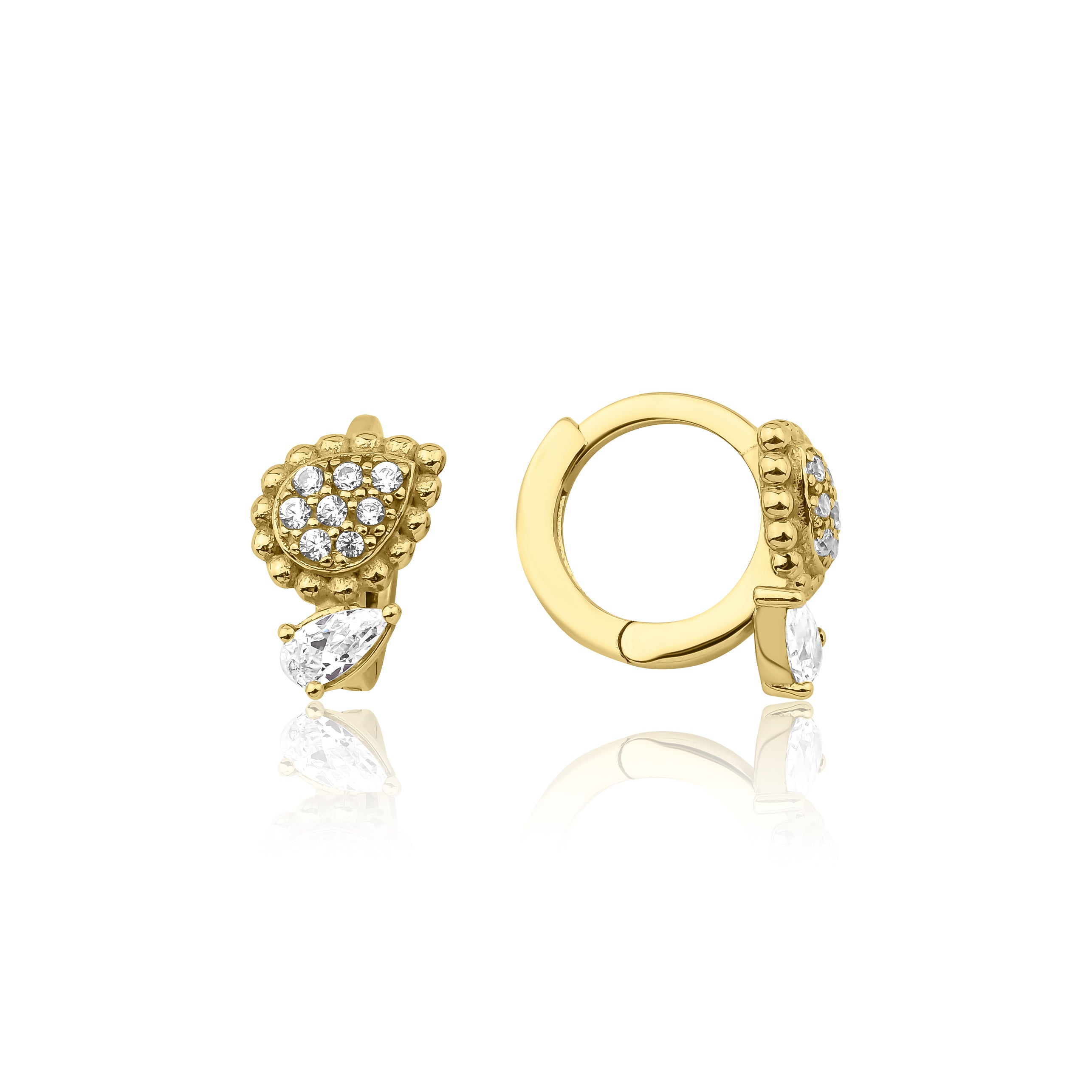 yellow gold huggie hoops with beaded teardrop and pear-cut stone drop on white background
