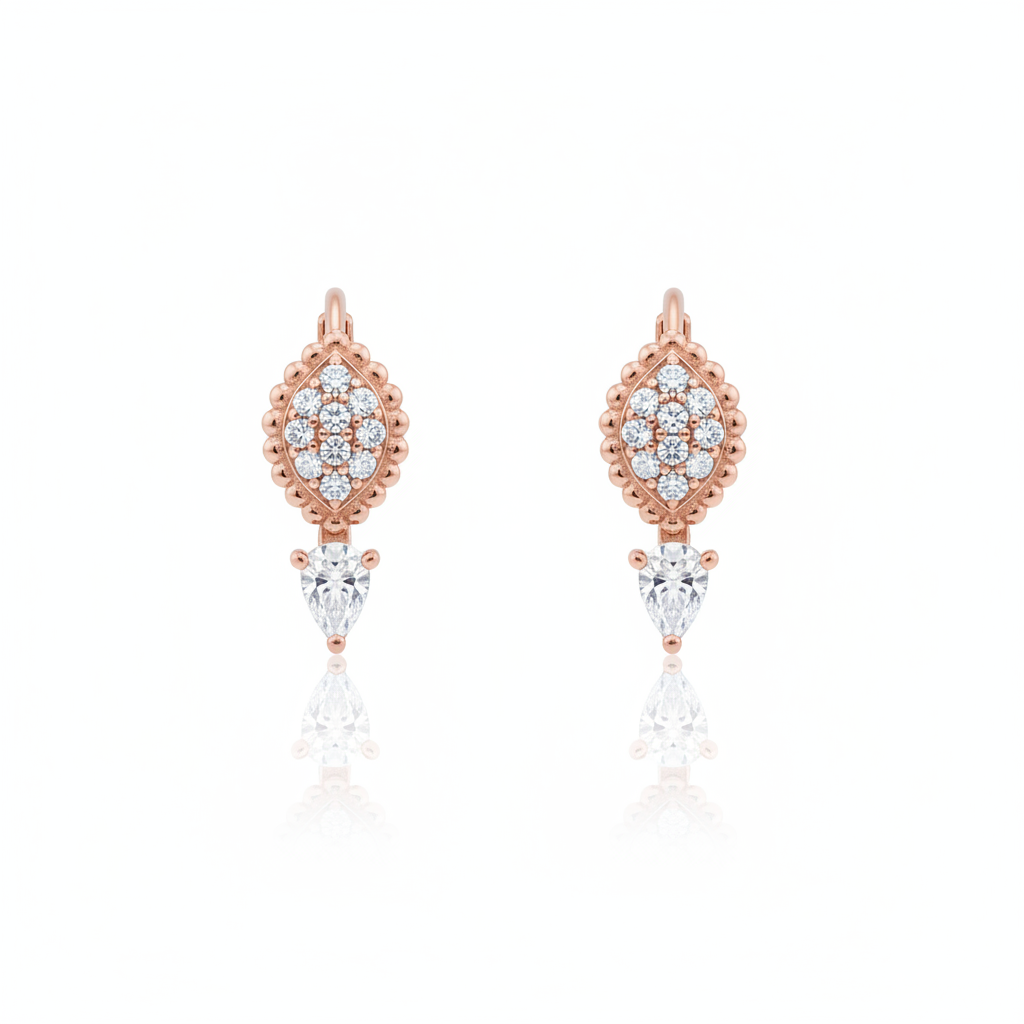 rose gold huggie hoops with beaded teardrop and pear-cut stone drop on white background