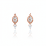 rose gold huggie hoops with beaded teardrop and pear-cut stone drop on white background
