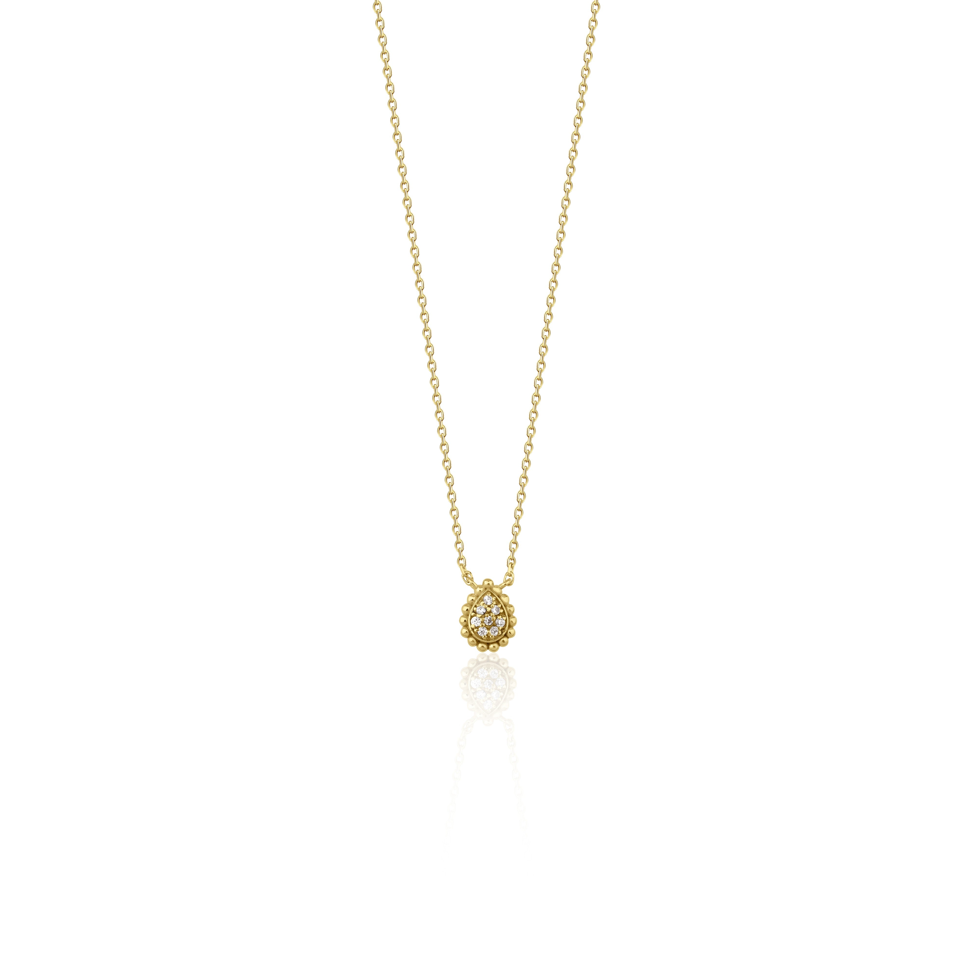 yellow gold small teardrop pendant necklace on white background