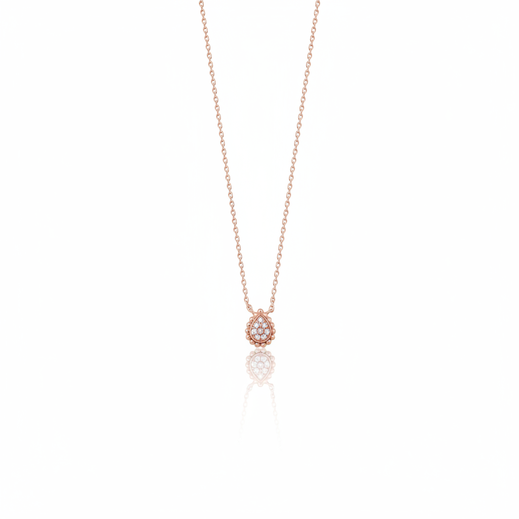 rose gold small teardrop pendant necklace on white background