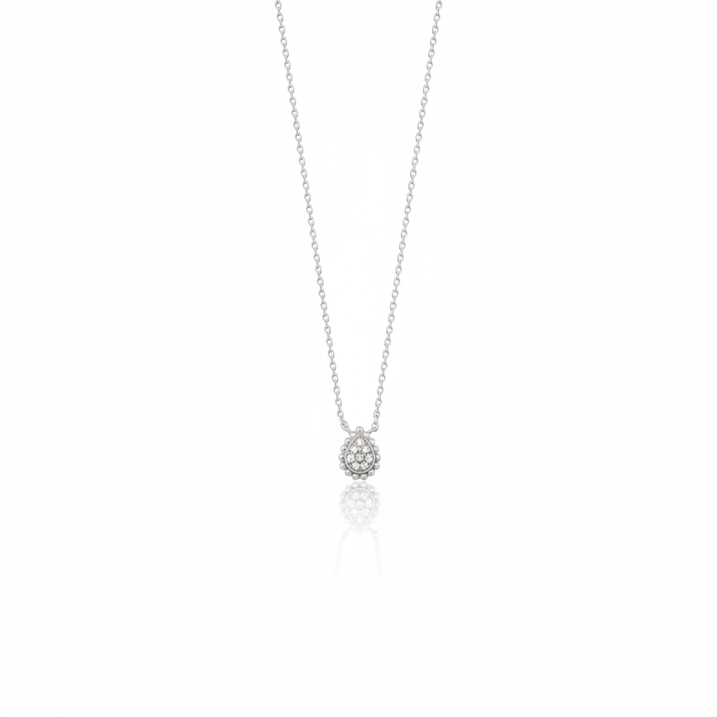 white gold small teardrop pendant necklace on white background