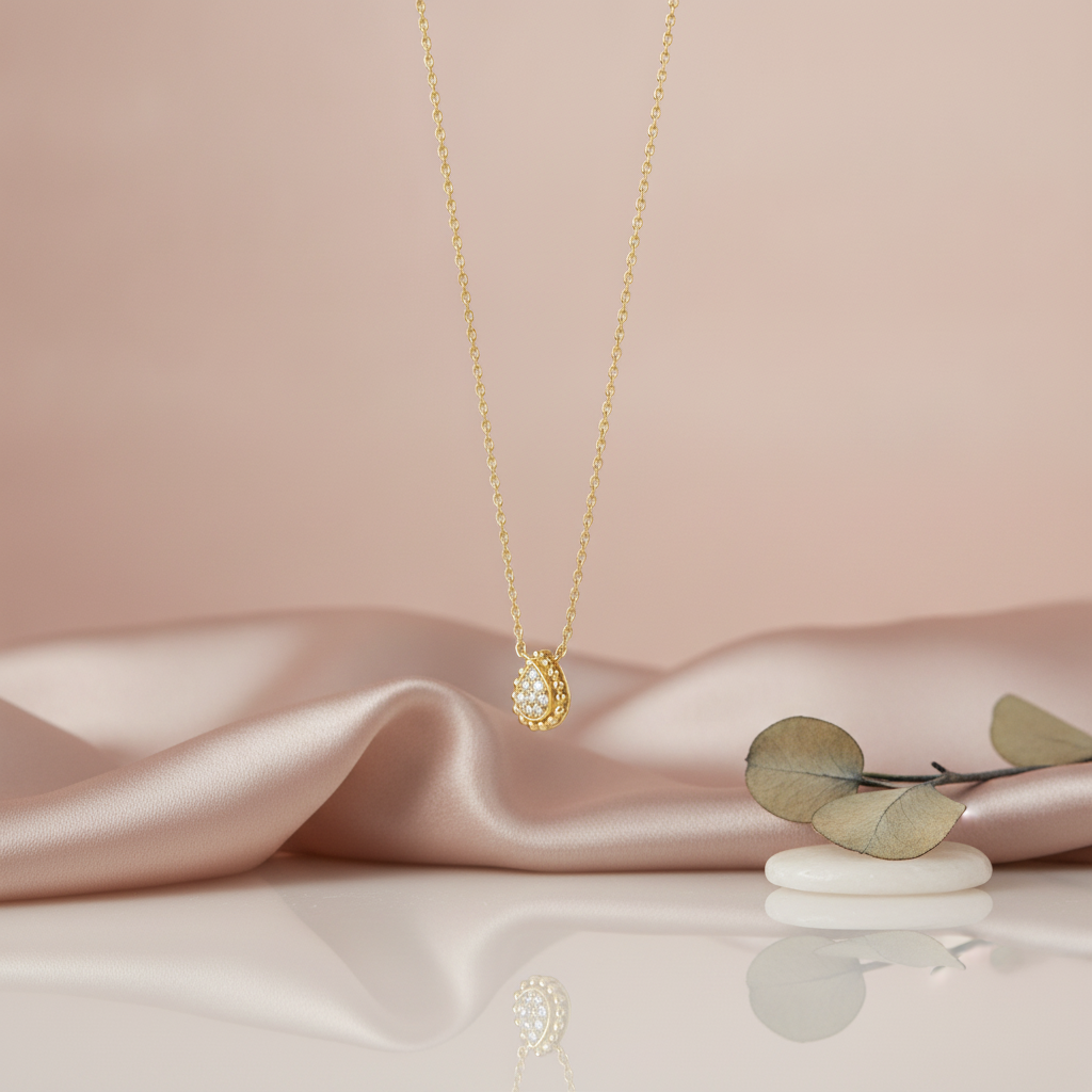 gold necklace with a small pave teardrop pendant on a fine chain, on blush satin with dried flowers