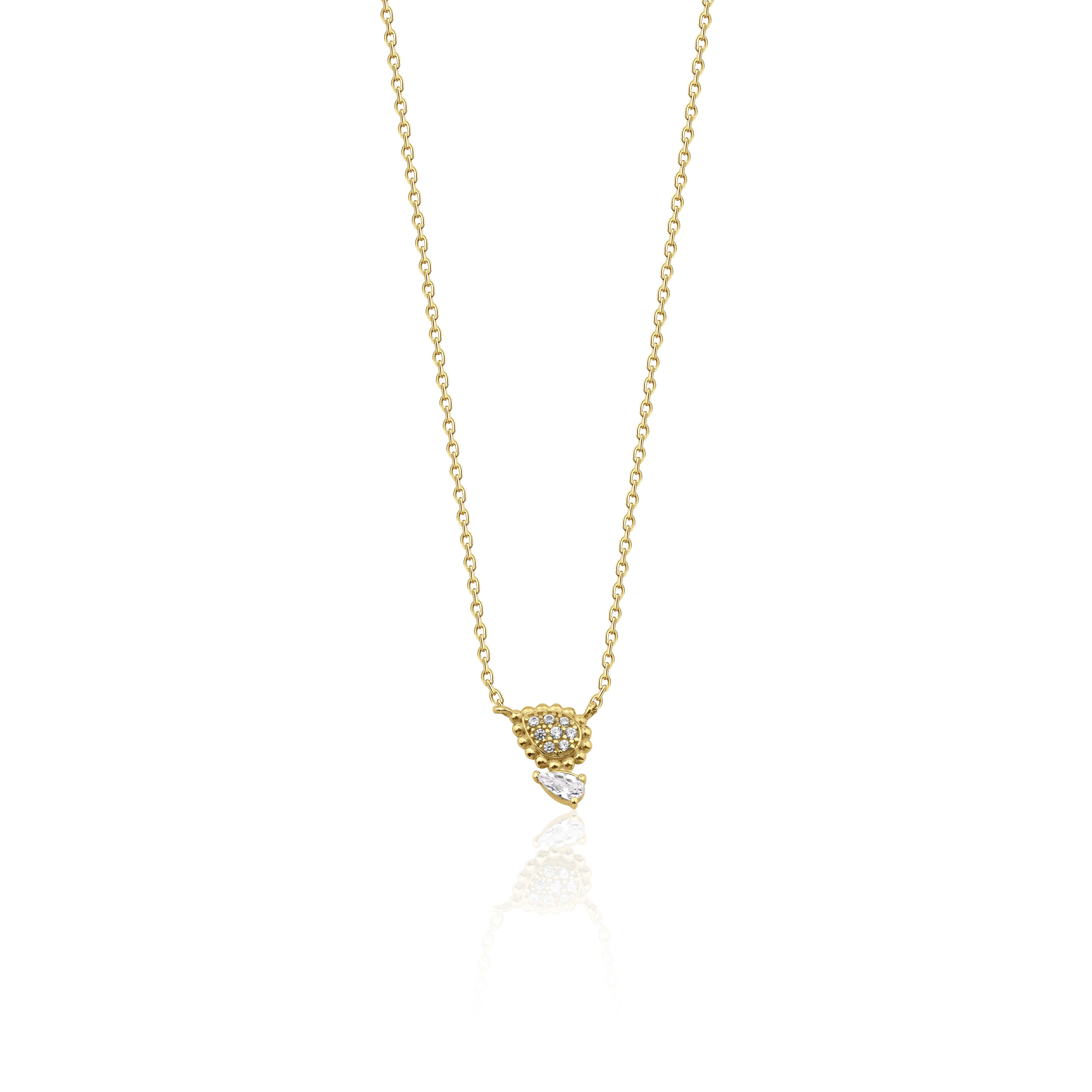 yellow gold beaded teardrop and pear-cut stone necklace on white background