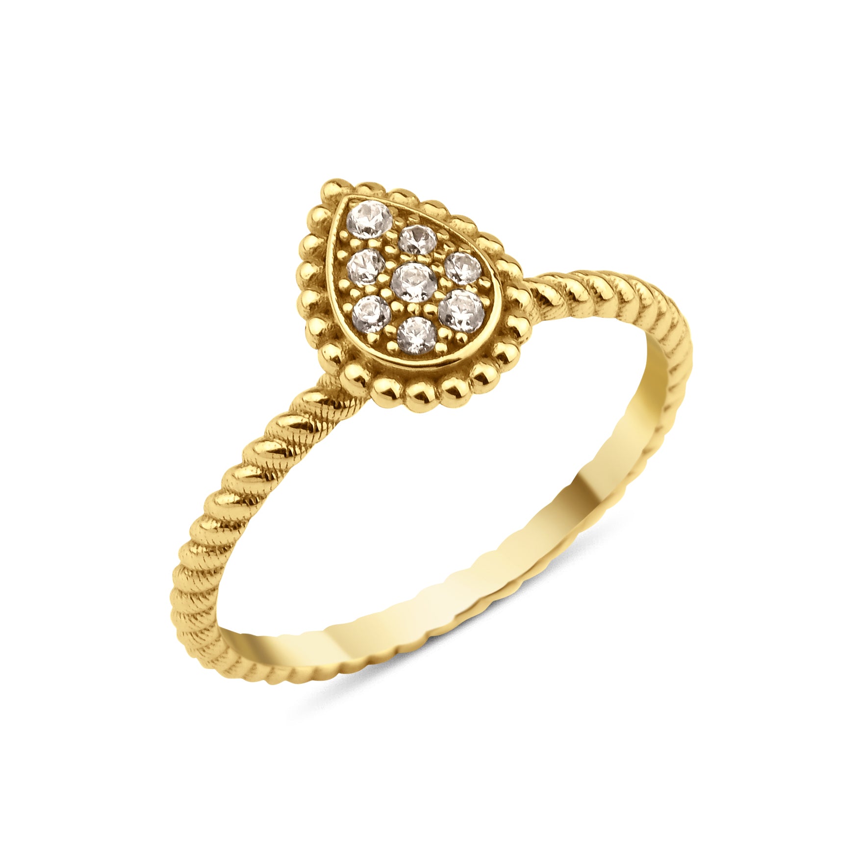 yellow gold teardrop ring on twisted band on white background