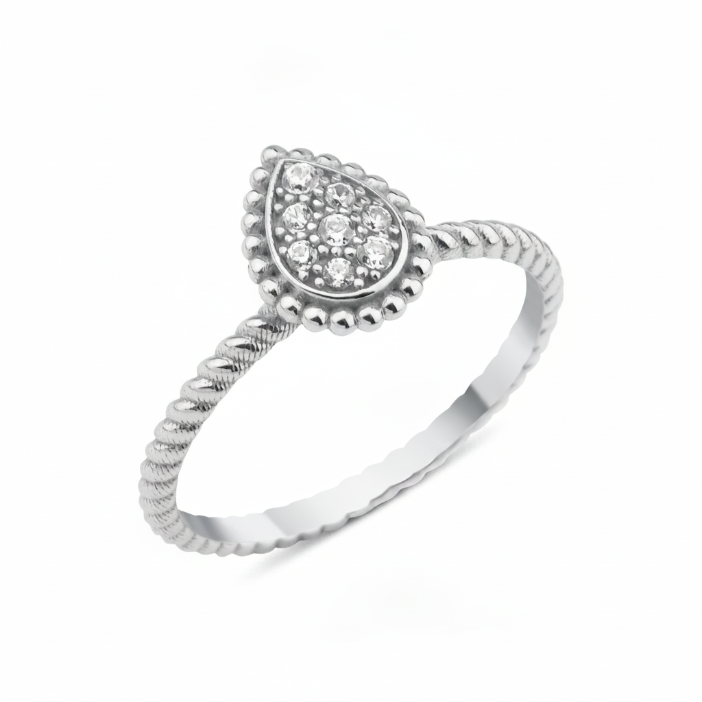 white gold teardrop ring on twisted band on white background