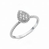white gold teardrop ring on twisted band on white background