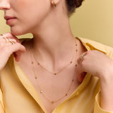 model wearing the gold long station necklace