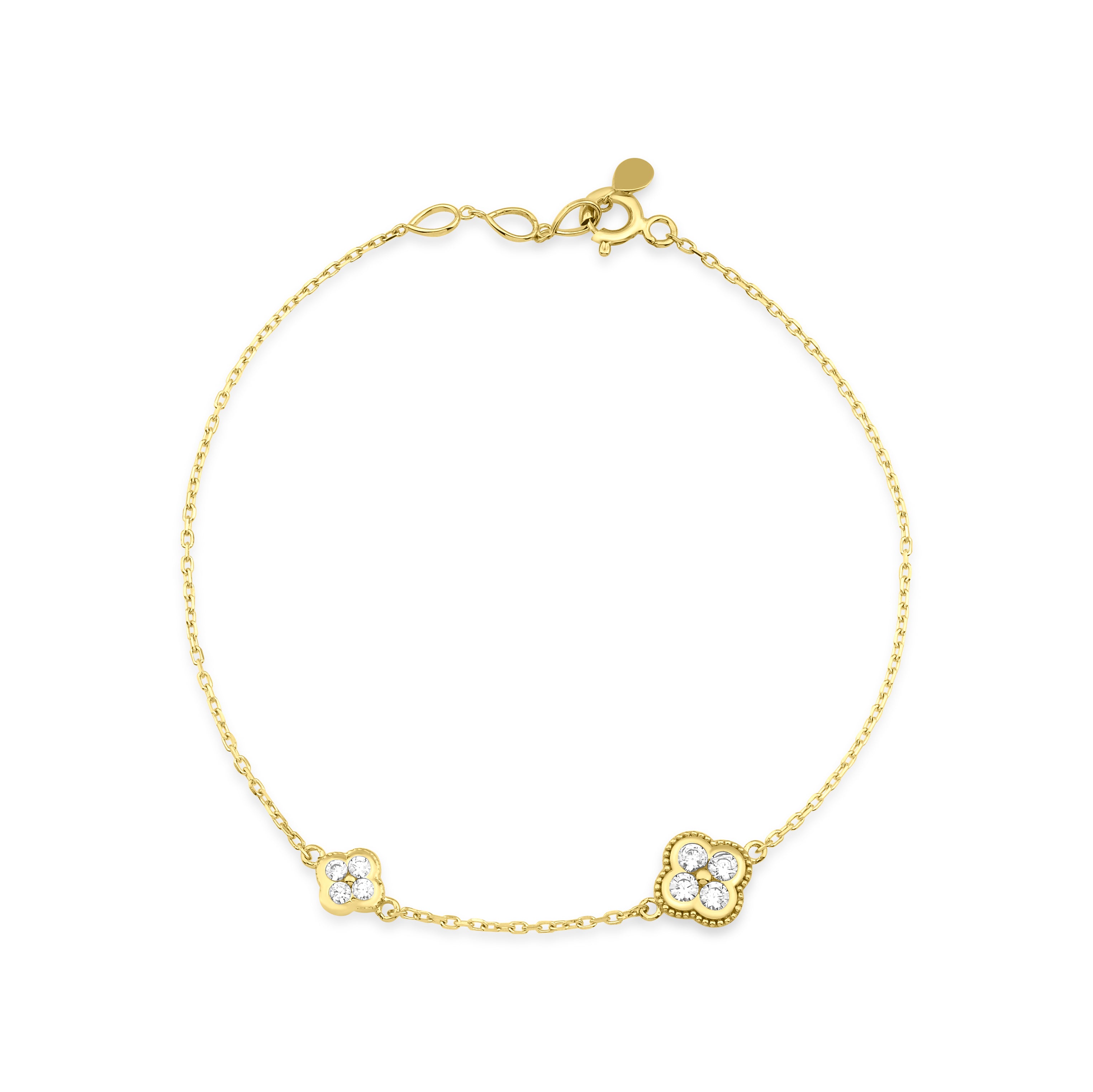 yellow gold clover charm bracelet with White CZ stones on white background