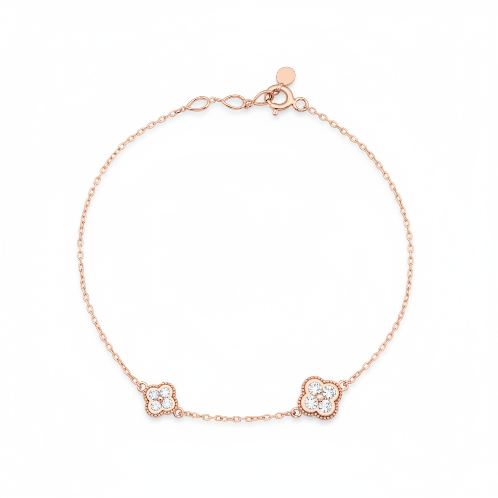 rose gold clover charm bracelet with White CZ stones on white background