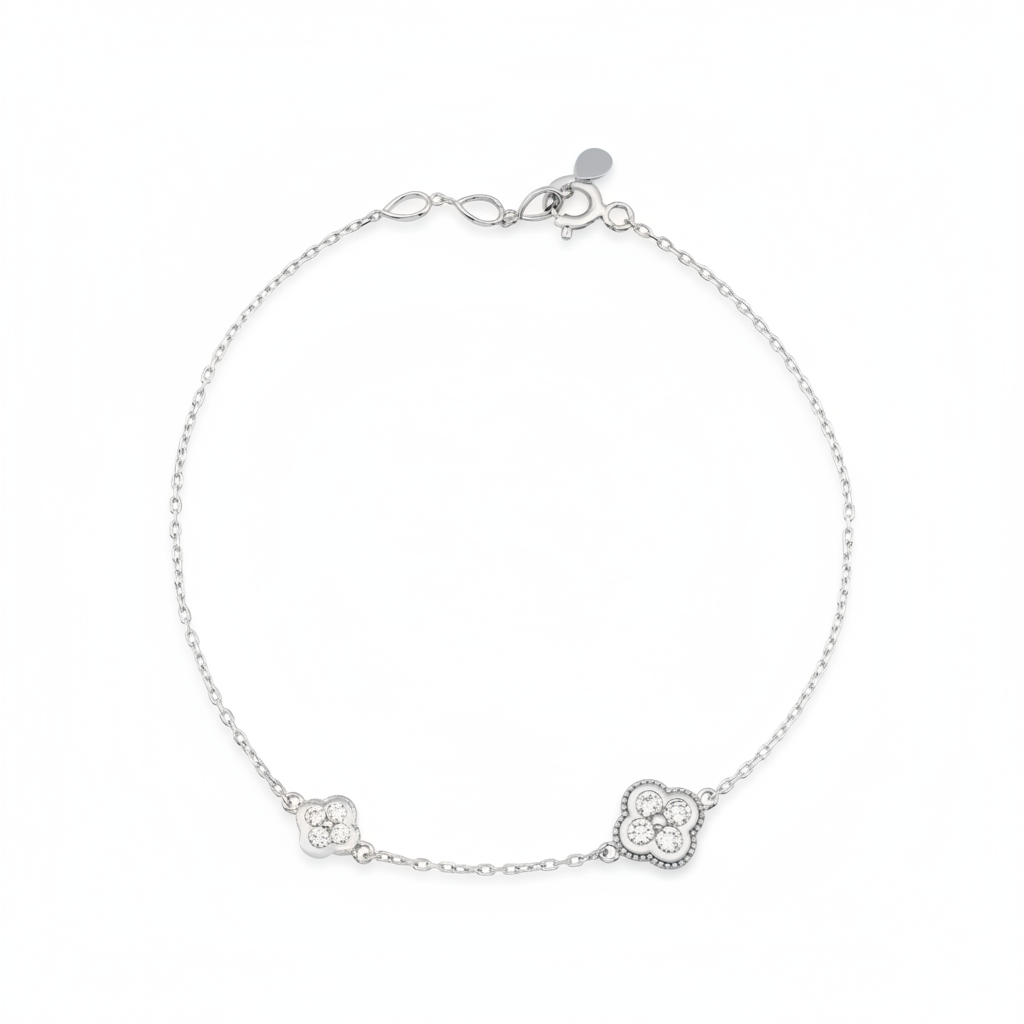 white gold clover charm bracelet with White CZ stones on white background