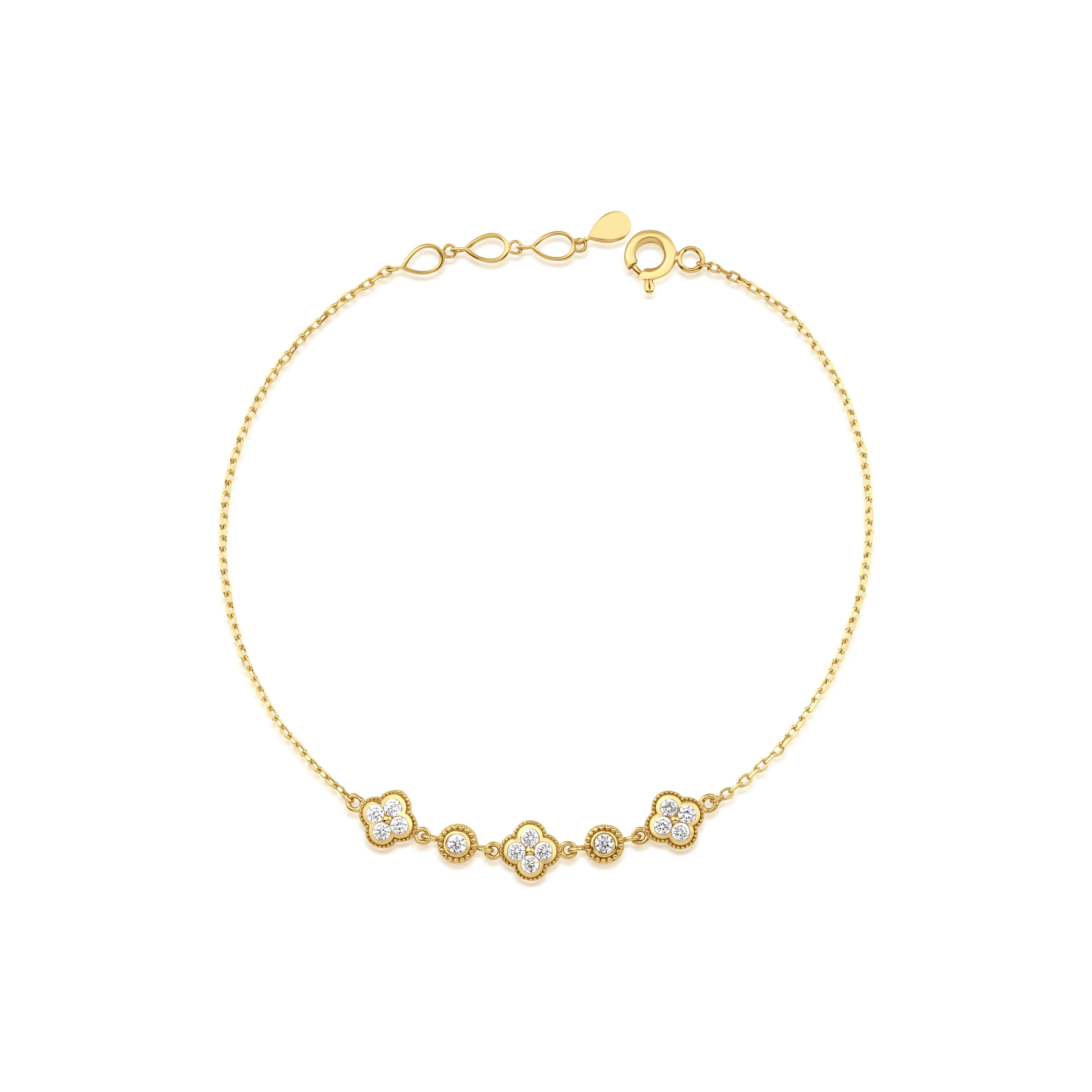yellow gold clover and round link station bracelet with White CZ stones on white background