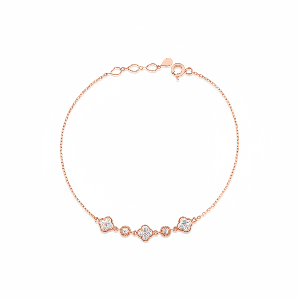 rose gold clover and round link station bracelet with White CZ stones on white background